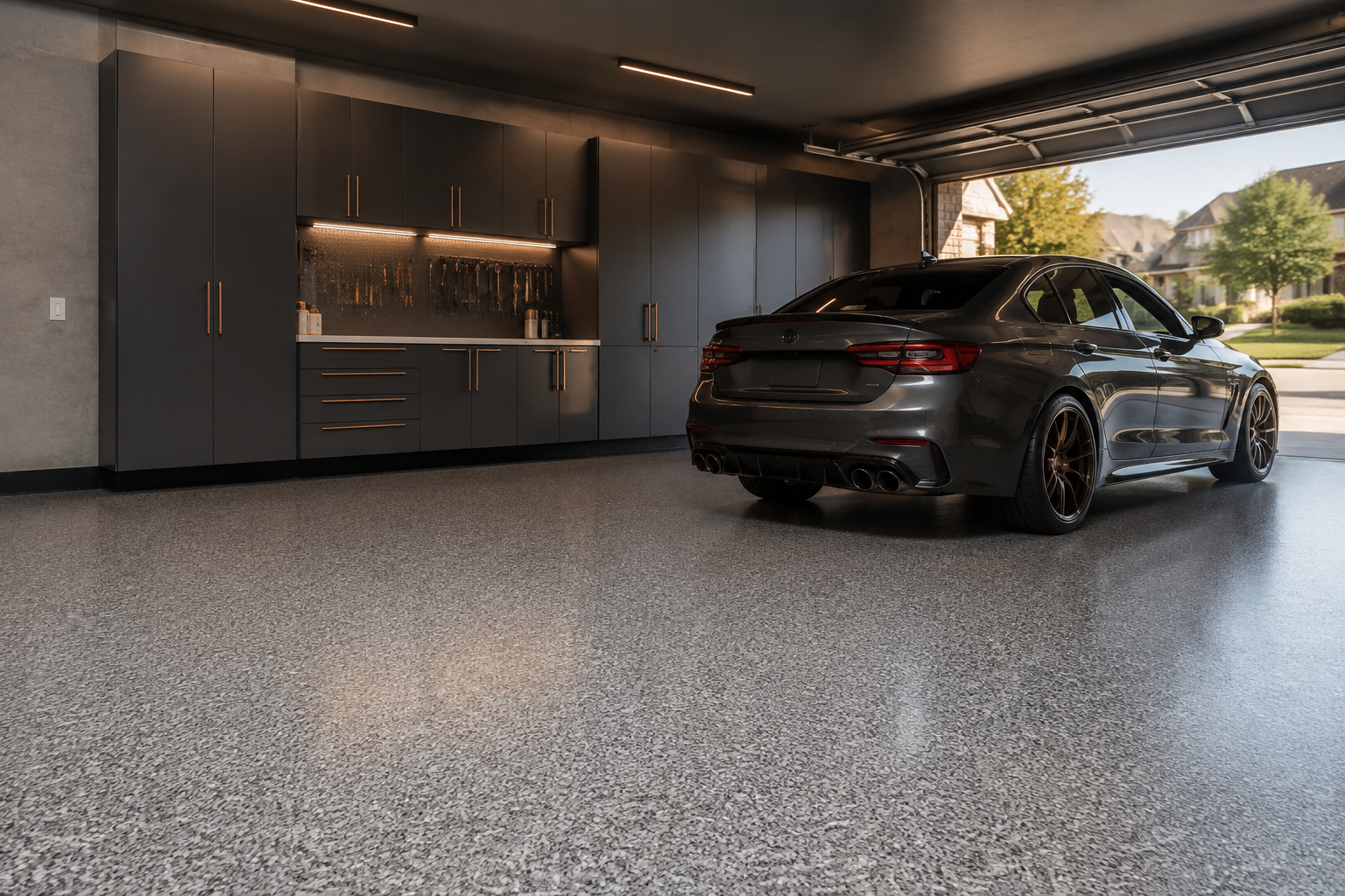 Modern garage with a decorative flake concrete floor coating